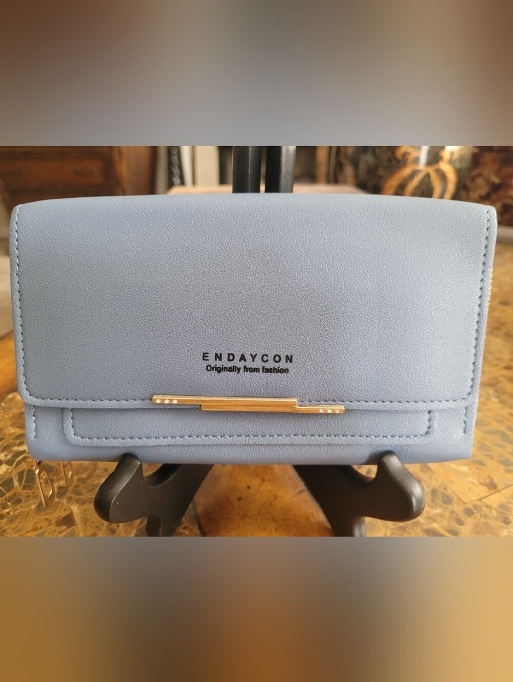 Light Blue Faux Leather Wallet with Gold Accent